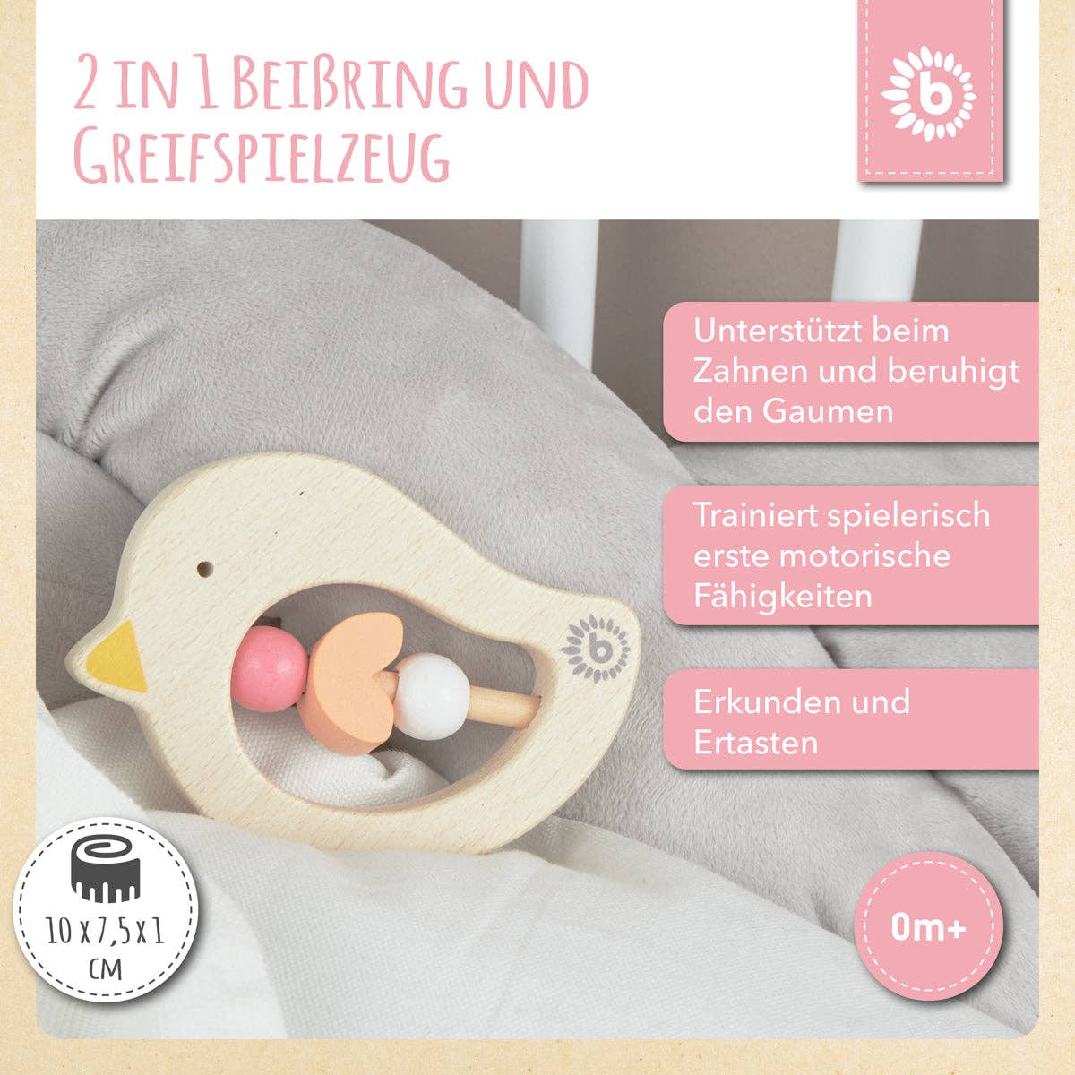 Bieco Spielwaren – wholesale Teether (not clip-on) – Baby – Teething ring bird pink3
