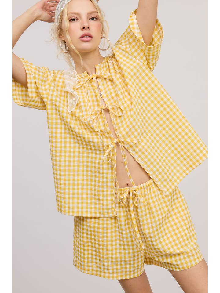 Mimosa - Wholesale Top & Short Set (NOT Loungewear) - Women's - Gingham Open Front Self Tie Top and Shorts Matching Set