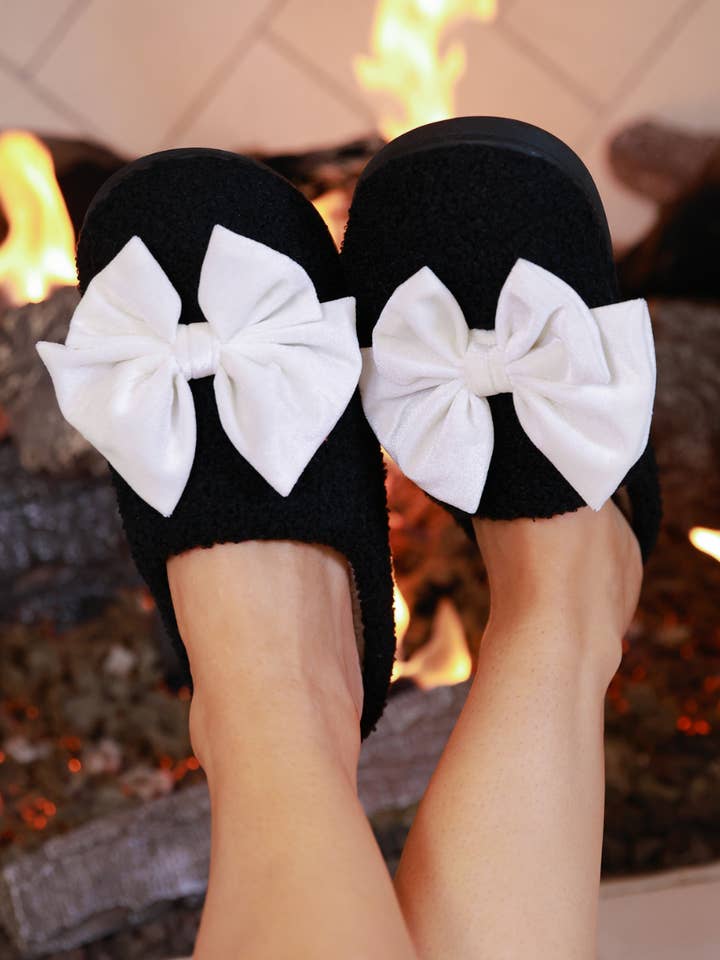 Cozy Bow Slippers- Black/White for wholesale by Jess Lea