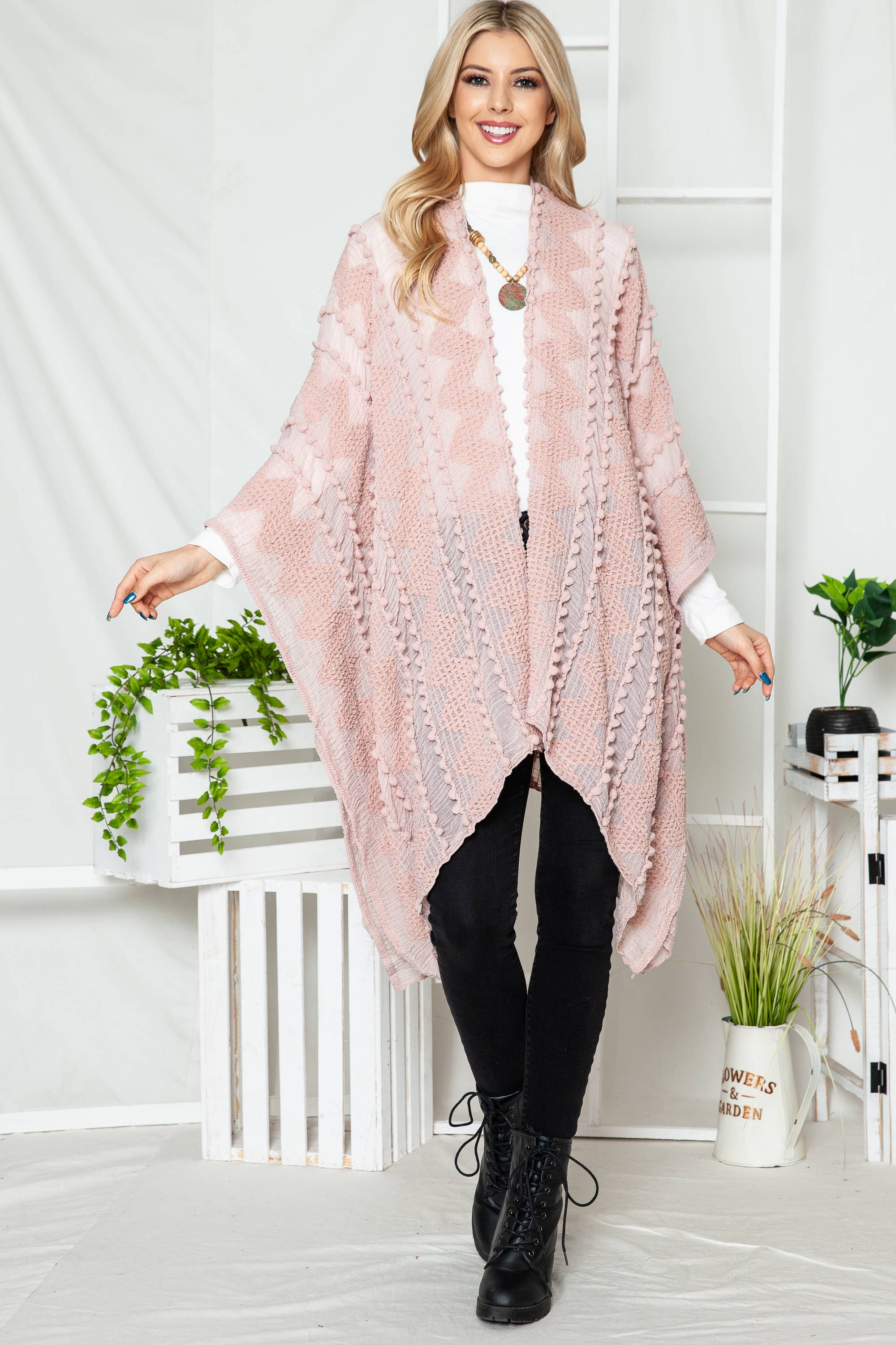 Justin & Taylor - Wholesale Kimono - Women's - Puffer-Up | Soft Textured Cover-Up Kimono With Pom Detail32