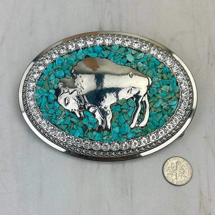 BKE-BUFFALO Silvermetall med blå turkos stenflisor Buffalo bältesspänne för wholesale av Western Elite Jewelry