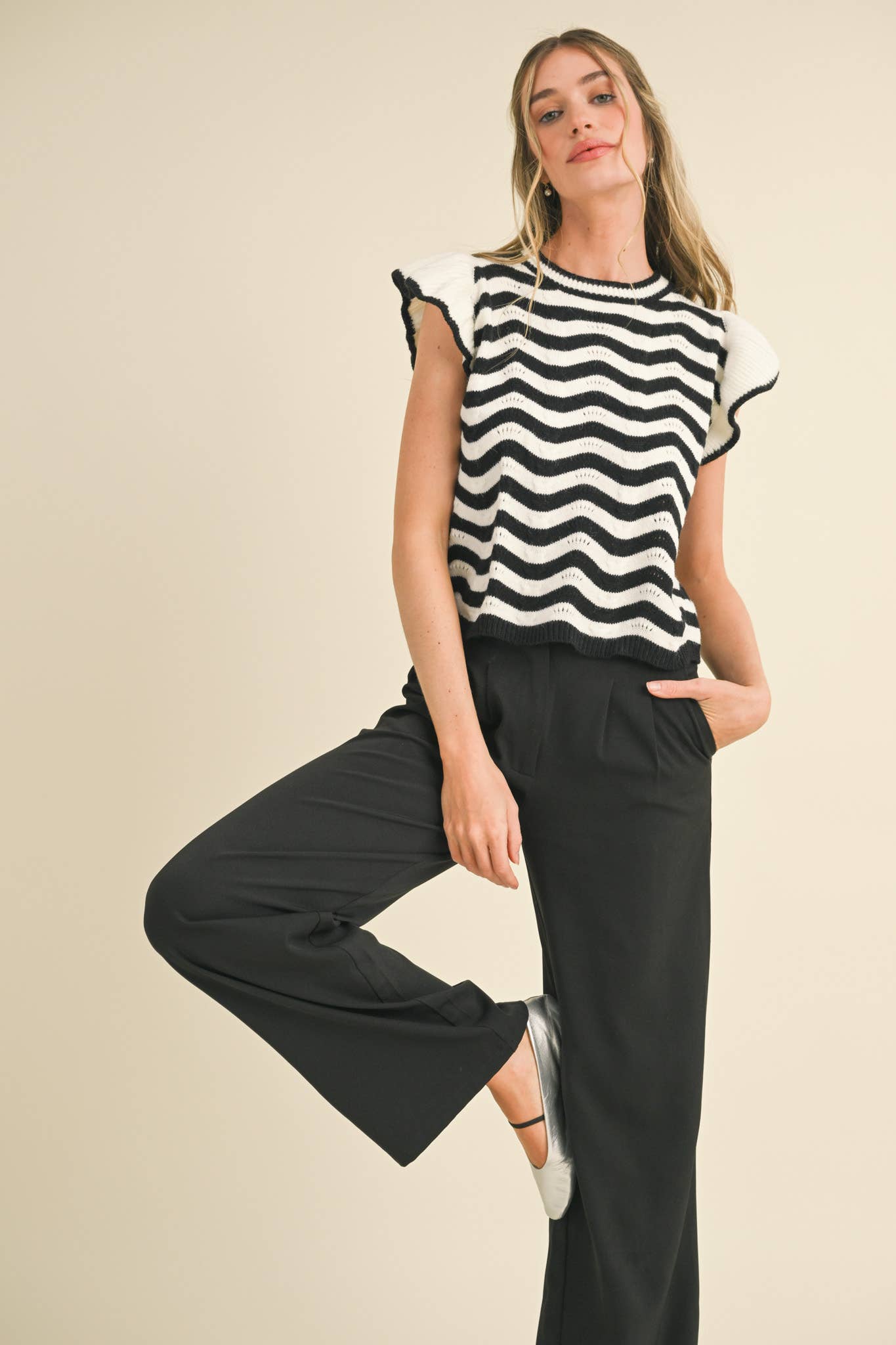 &MERCI - Wholesale Knit Sweater - Women's - WAVY STRIPES FLUTTER SLEEVE SWEATER TOP MSW1050996