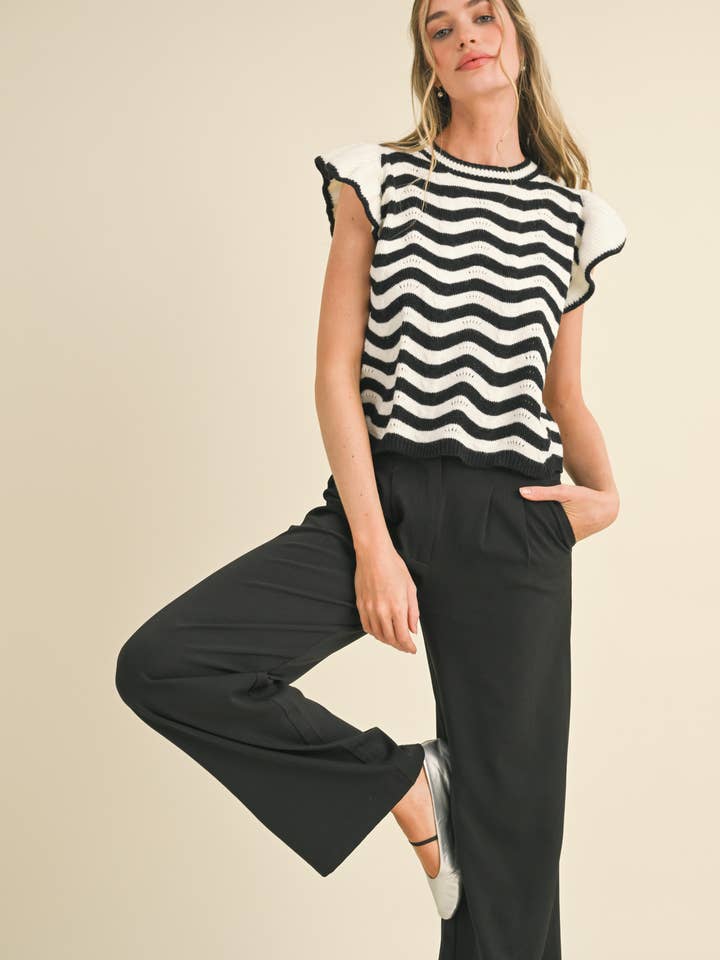 &MERCI - Wholesale Knit Sweater - Women's - WAVY STRIPES FLUTTER SLEEVE SWEATER TOP MSW1050996