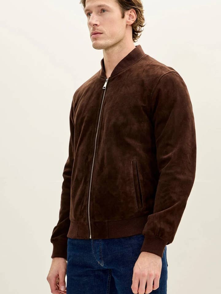 Classic Suede Leather Bomber - Chocolate Brown for wholesale by Ron Tomson