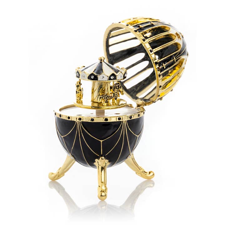 Black and Gold Faberge Egg with Horse Carousel Surprise Inside for wholesale by Keren Kopal