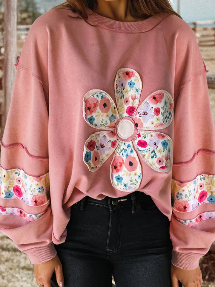 fashionworks - Wholesale Sweatshirt - Women's - Flower Applique Patch Drop Sleeve Pullover Sweatshirt