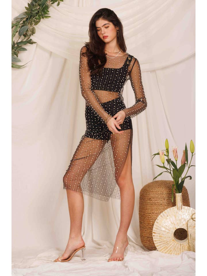 Endless Blu - Wholesale Dress - Women's - SD3189 Pearl Rhinestone Embellished Long Sleeve Mesh Dress