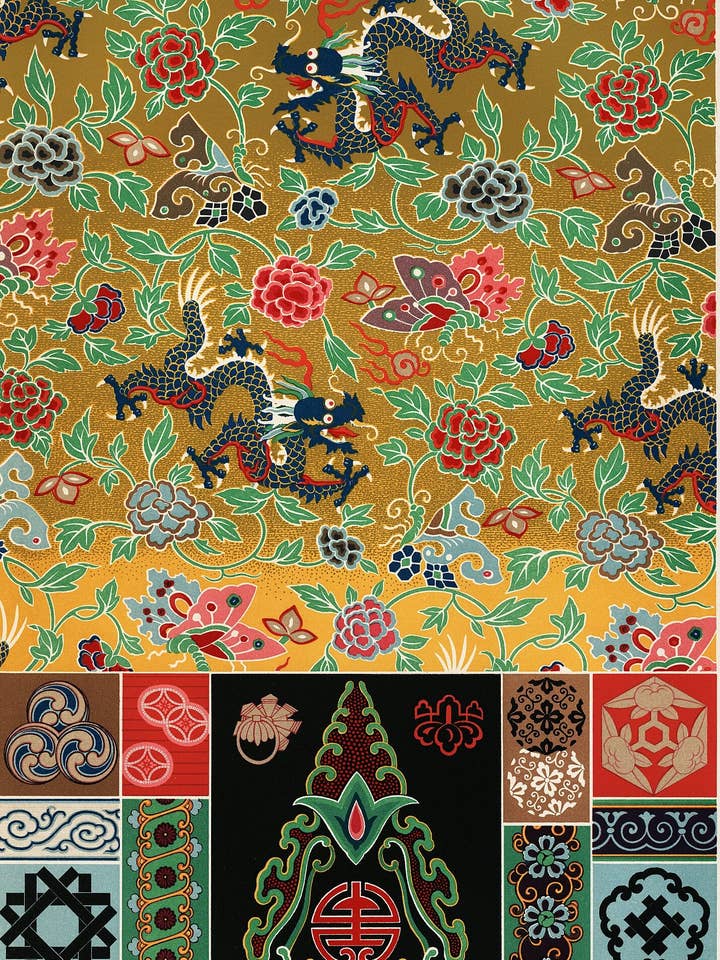 Patrón chino y japonés de L'ornement Polychrome de Albert Racinet, 1888, papel de regalo para venta al por mayor de Flashback Shop