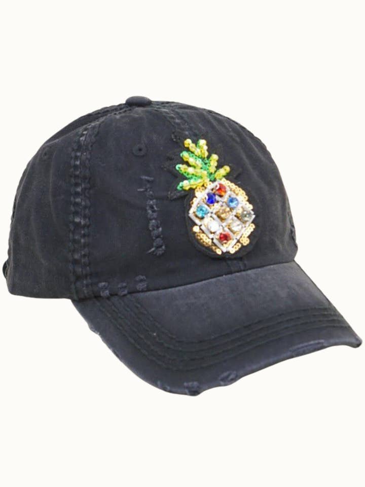 Bejeweled Pineapple Bling Glitz Distressed Cap, Adjustable for wholesale by Olive & Pique