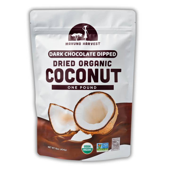 Mavuno Harvest Organics - Wholesale Dried/Dehydrated Fruit - Organic Dark Chocolate Dipped Dried Coconut, 6-pack case