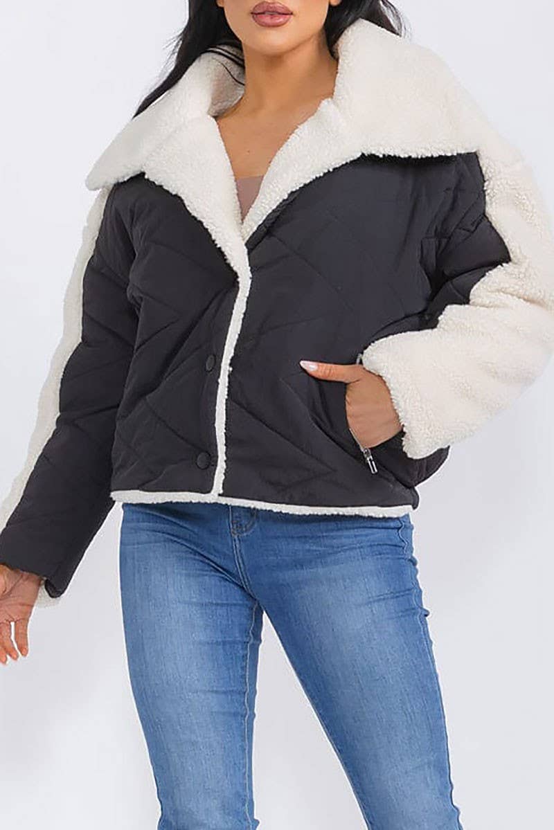 BLACK WHITE SHERPA CONTRAST POCKET FRONT JACKET for wholesale on Faire