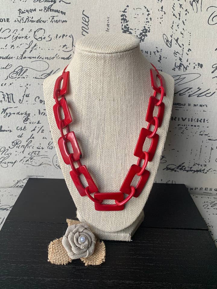 Red chain link necklace Tagua jewelry Christmas fashion Geometric beaded jewelry Adjustable cord Wearable art Holiday gift for her for wholesale by Galapagos Tagua