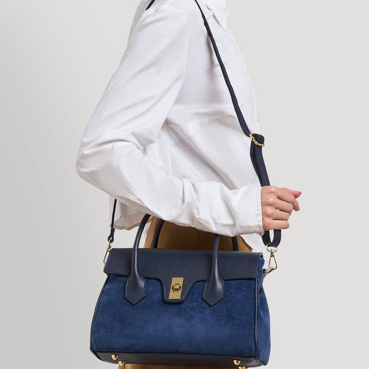Voemièn - Wholesale Top handle bag – women's - Cécile Bag in Navy Blue Suede and Dollar Leather6