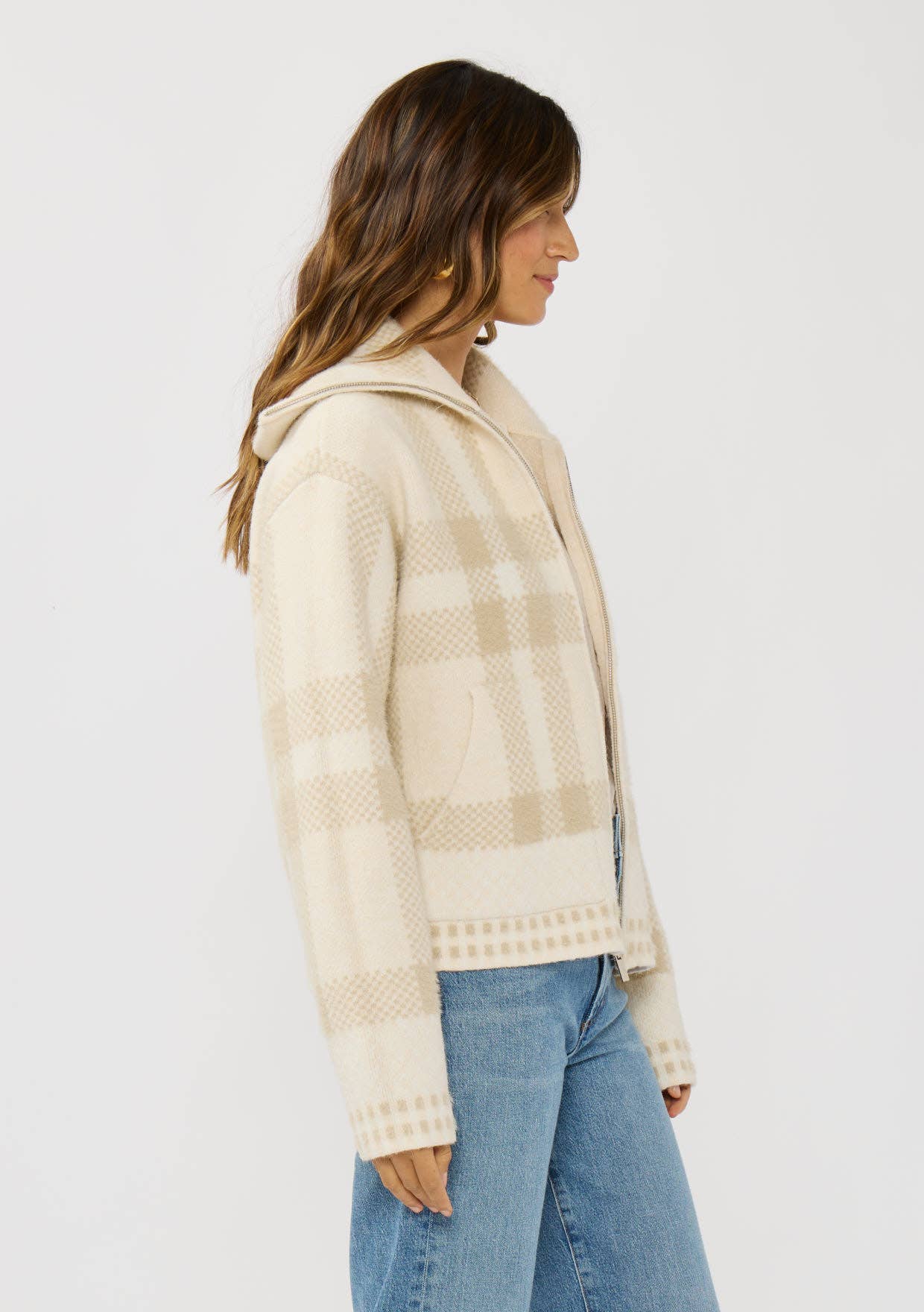 Lovestitch - Wholesale Bomber Jacket - Women's - Plaid Knit Zip-Up Bomber Jacket1