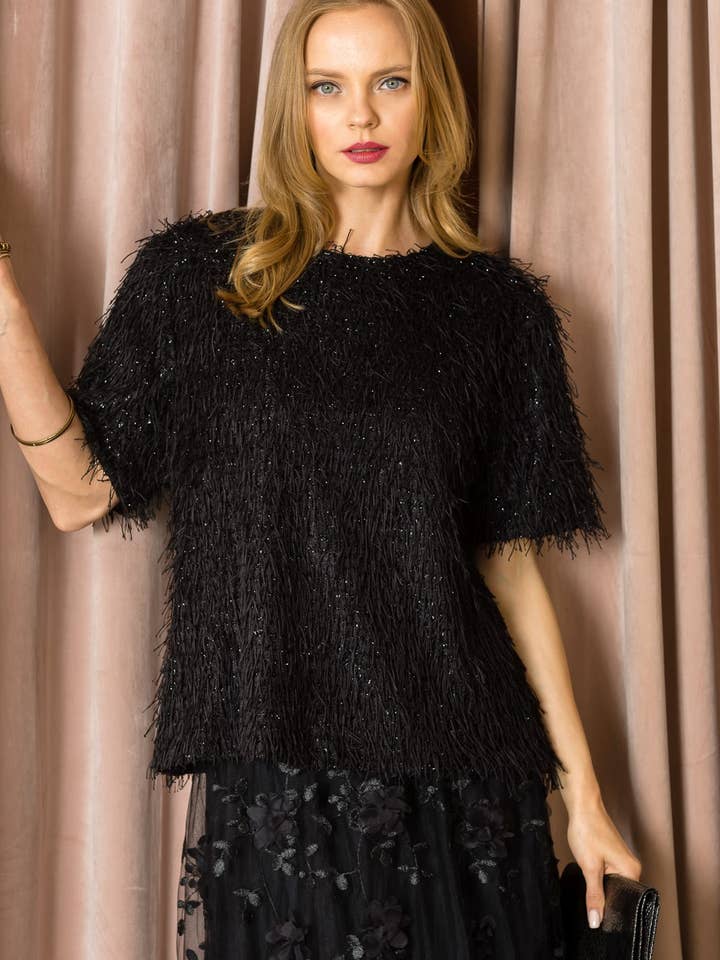 Winnae Sparkling Feathered Eyelash Top for wholesale by Joh Apparel