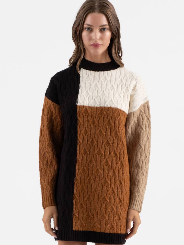 Blu Pepper - Wholesale Dress - Women's - COLORBLOCK CREWNECK LONG SLEEVE KNIT SWEATER DRESS