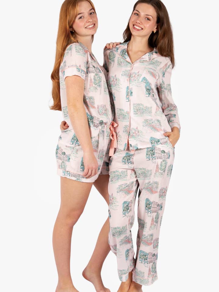 Imbali Charleston - Wholesale Sleepwear Set - Women's - Charleston Scene Pink 3/4 Pajama Set