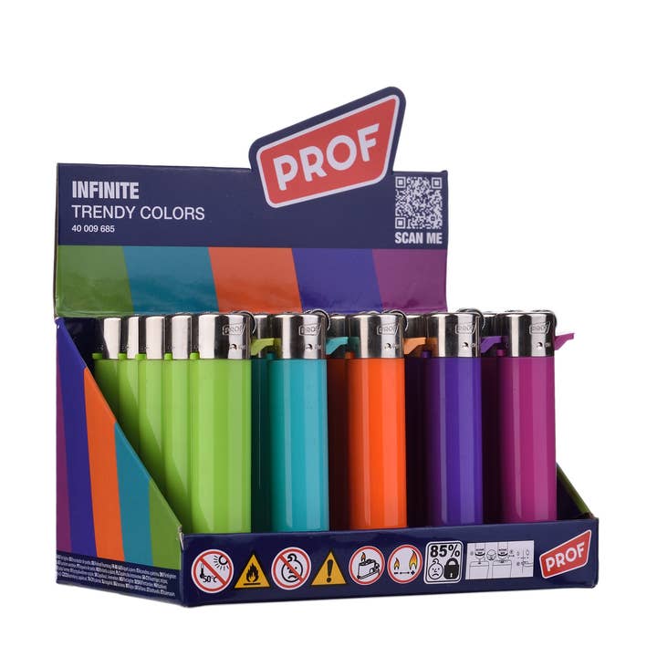 Display of 25 colored lighters for wholesale by PROF
