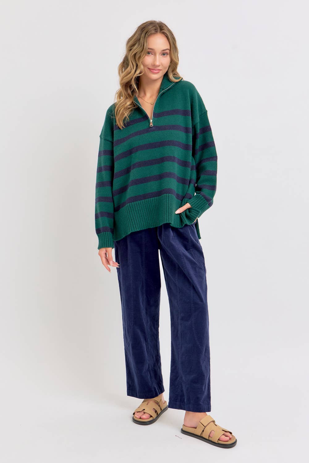 Sweet Lovely by Jen - Wholesale Knit Sweater - Women's - STRIPED ZIP-FRONT OVERSIZED PULLOVER KNIT SWEATER  27