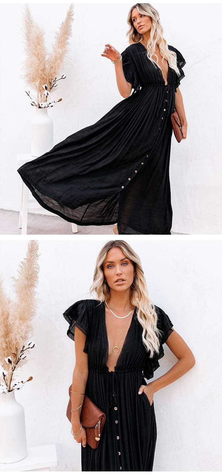 Fashion Combination - Wholesale Dress - Women's - Boho Button-Front Flowy Maxi Dress16