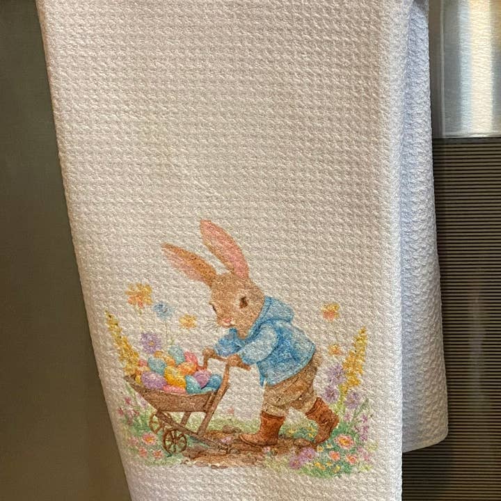 Bunny Pushing Cart of Eggs Waffle Towel for wholesale by LAND OF COTTON