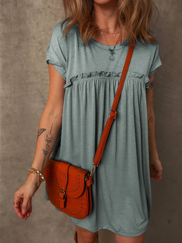 Mist Green Frilled Gathered Seam Round Neck T Shirt Dress for wholesale on Faire3