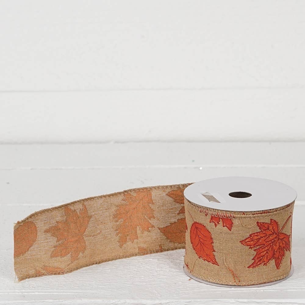 Impressive Enterprises, Inc. - Wholesale Ribbon - Gift Wrapping - R32911-Wired Ribbon-Burlap with Fall Leaves  (2.5inW)4