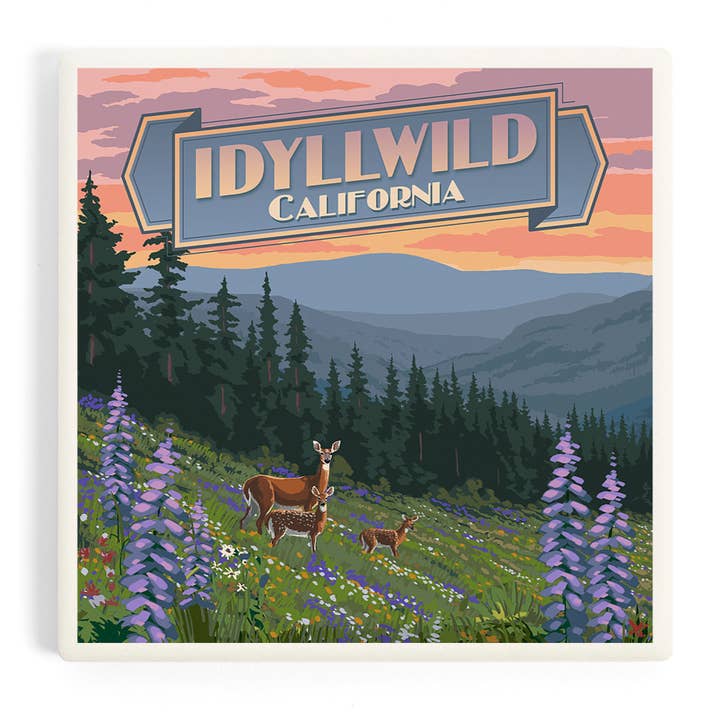 Ceramic Coaster Idyllwild, California, Deer and Spring Fl for wholesale by Lantern Press