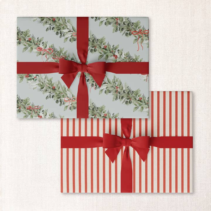 Urbanic Goods - Wholesale Wrapping Paper Roll - Roll of 3: North Pole Garland + Red Stripes Wrap