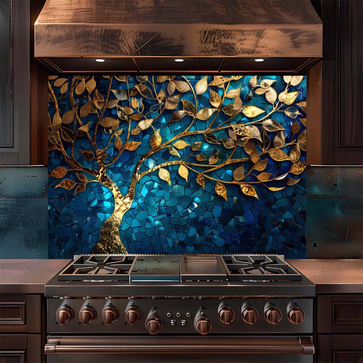 Glass Kitchen Backsplash - Wholesale Wall Accent - Custom Kitchen Backsplash – Golden Mosaic Look Tree Tempered Glass Backsplash7