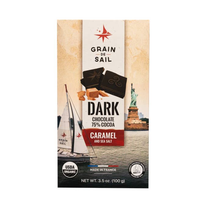 Dark Chocolate 75% of Cocoa, Caramel and Sea Salt for wholesale by Grain-de-sail