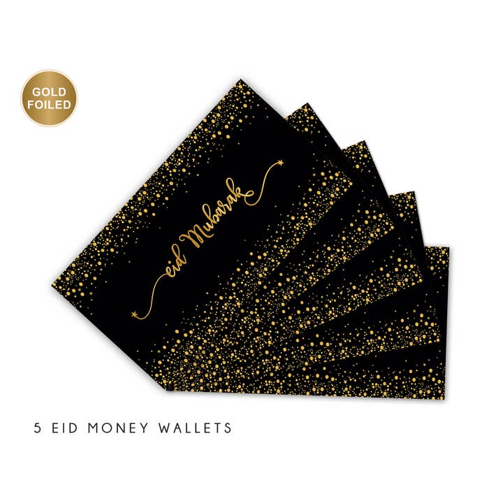 Islamic Moments - Vente Tirelires - Lot de 5 pochettes cadeaux Eid Mubarak noires avec dorure