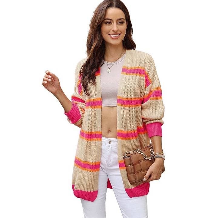 Langer gestreifter offener Cardigan-Pullover, lässig, locker geschnitten. für den Großhandel von ShieldChic