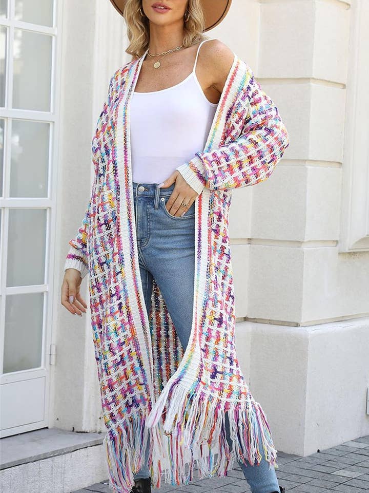 Rosa Clothing - Wholesale Cardigan - Women's - Fringed colorful long knit cardigan