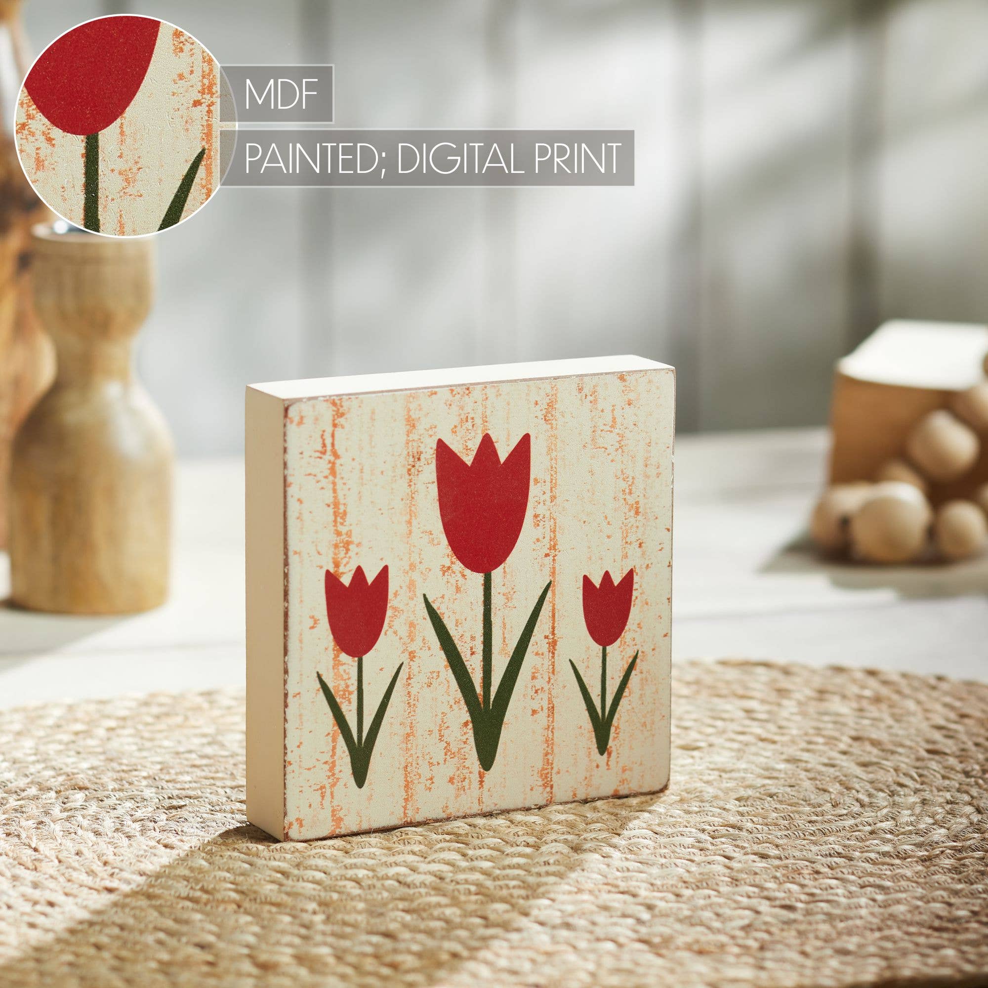 VHC Brands - Wholesale Sign - Spring In Bloom Red Tulips Distressed Antique White MDF Block Sign 5x5x15