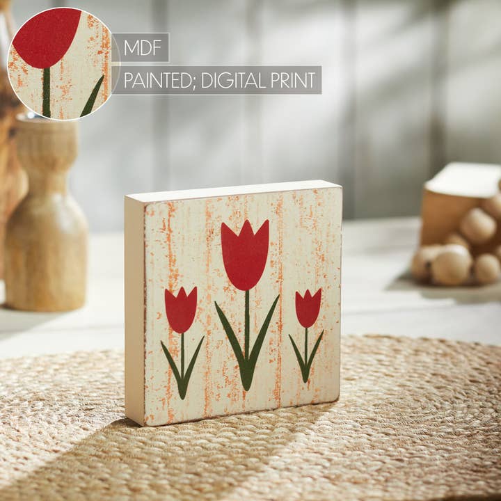 VHC Brands - Wholesale Sign - Spring In Bloom Red Tulips Distressed Antique White MDF Block Sign 5x5x15