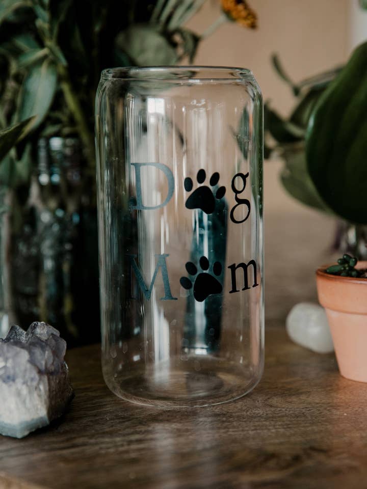 Dog Mom Glass Tumbler | Mental Health Tumbler | Iced Coffee Glass | Iced Coffee Cup | Beer Glass Can Cup | Glass Tumbler for wholesale by Kismet and Chaco