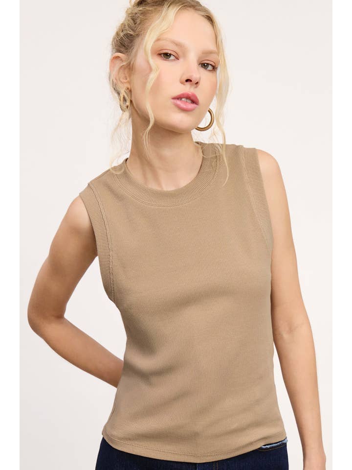 La Miel - Wholesale Tank Top - Women's - HUT7340-Stretchy Basic Ribbed Sleeveless Crew Neck Top3