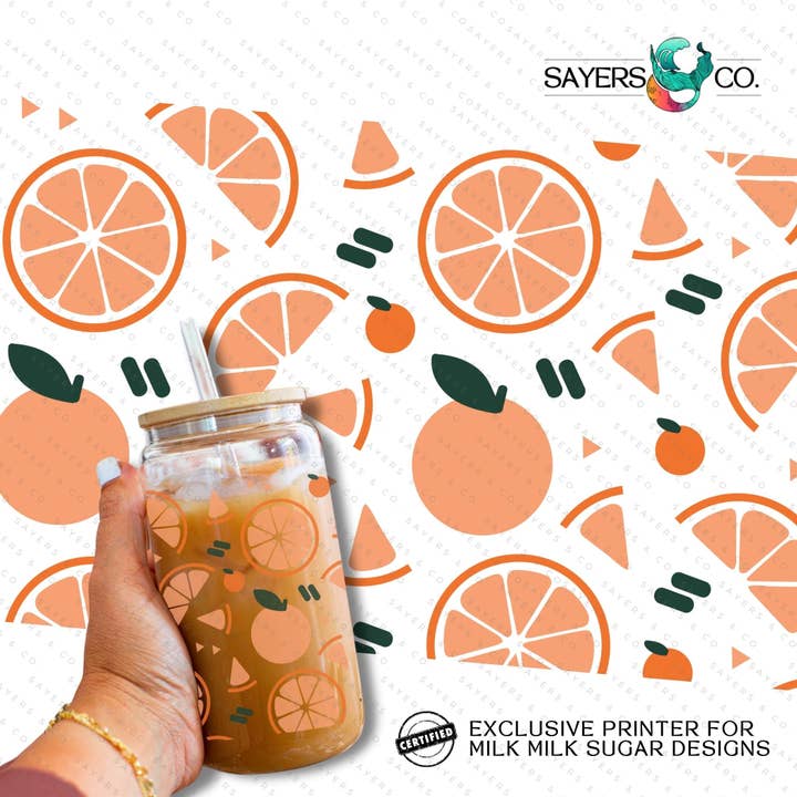 BEDRUKTE sublimatieoverdracht of vinyldruk: gecertificeerde printer met melkmelksuiker - Orangina 16oz fruitsublimatieprint voor wholesale door Sayers & Co.