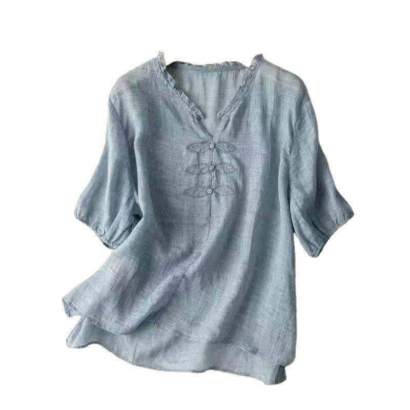 UZ Wholesale Store - Wholesale Blouse - Women's - Women's Organic Cotton  V-Neck Short Sleeve Loose Shirt0