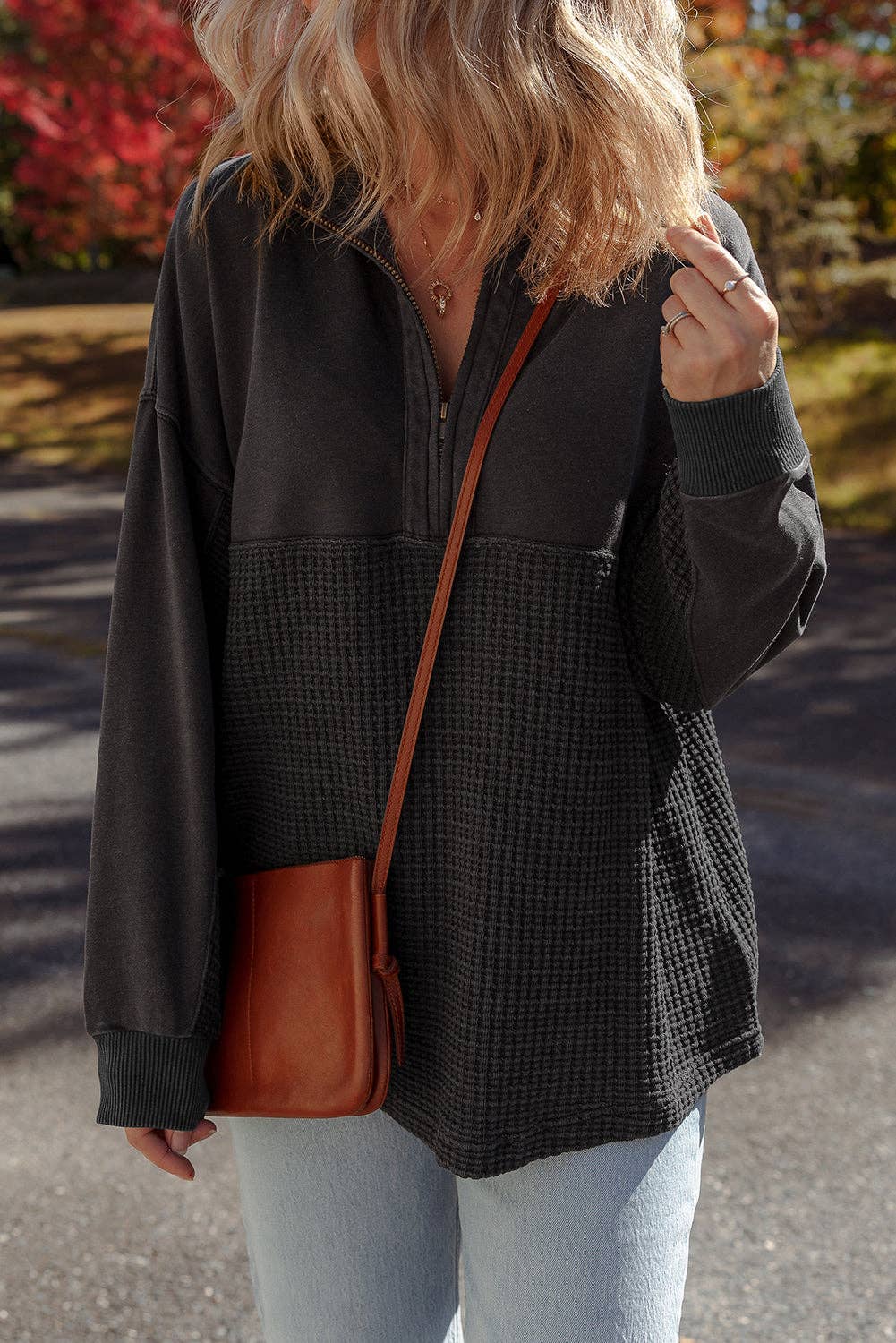 Carbon Grey Waffle Knit Patchwork Half Zipped Casual Sweatshirt for wholesale on Faire6