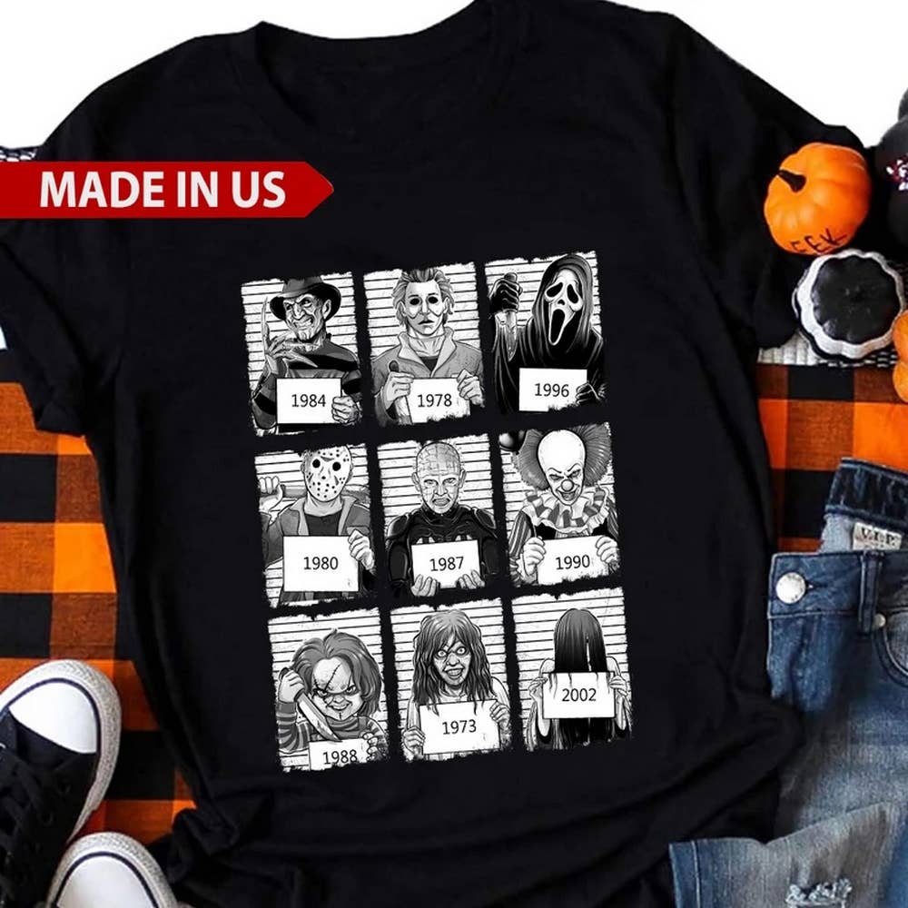 Black Horror Movies Characters Mugshot Shirt, Halloween Characters for wholesale on Faire
