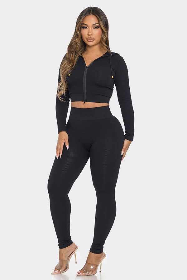 Lime All the Time - Wholesale Activewear Set - Women's - 2 Pcs Seamless Long Sleeve Hoodie and Highwaist Legging Set2