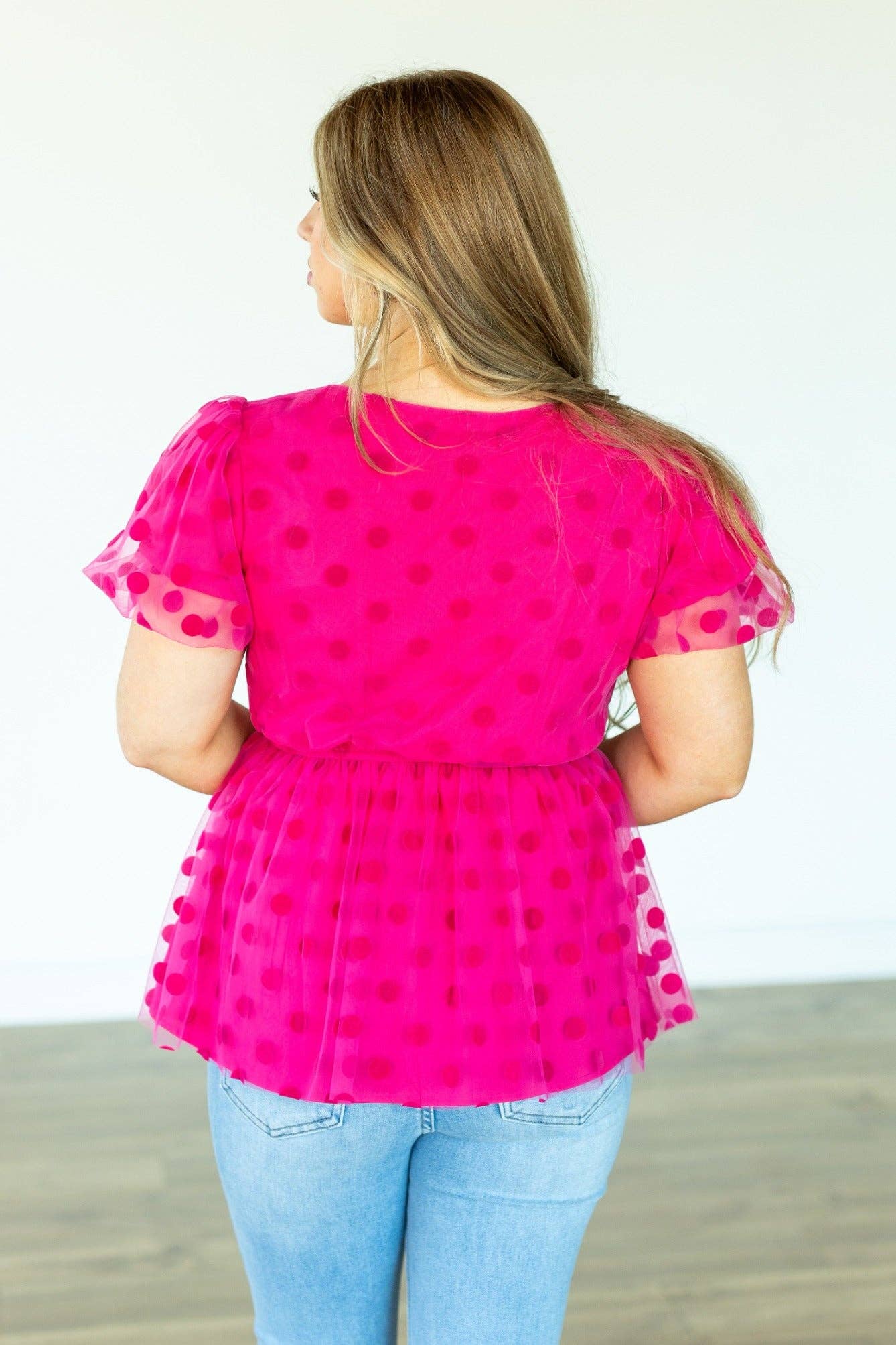 Pink Polka Dot Mesh Peplum Top for wholesale on Faire3