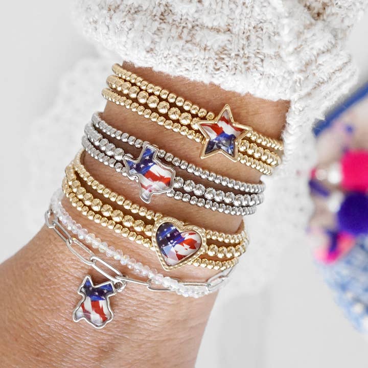 Bracelets avec drapeau américain, 4 juillet, perles à bille CCB, chaîne à trombones, doré et argenté, Last Chance pour la vente par PennyLine inc