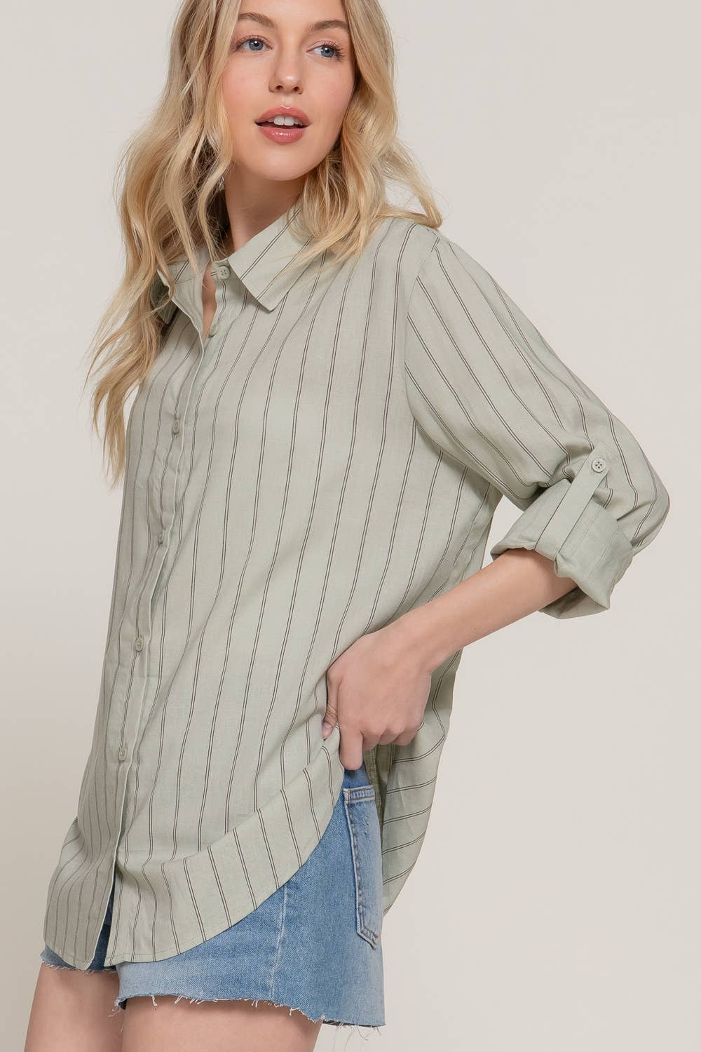 Active Basic | Active USA - Wholesale Button Down Shirt - Women's - Long Sleeve Button Down Stripe Linen Oversized Shirt23