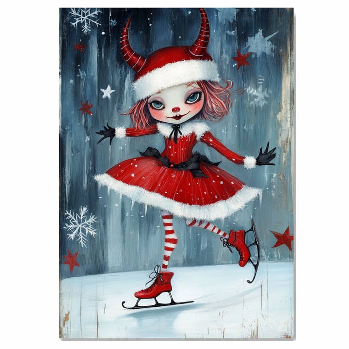 Christmas Devil Girl Skating in Santa Dress Rolled Canvas for wholesale by Art Paradise Studios