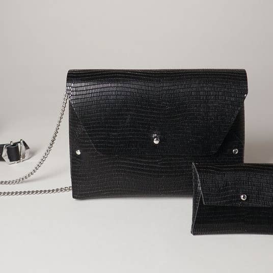 Schwarze Modelltasche Pliage aus Leder mit Leguan-Print und Tür für den Großhandel von 114 Paris