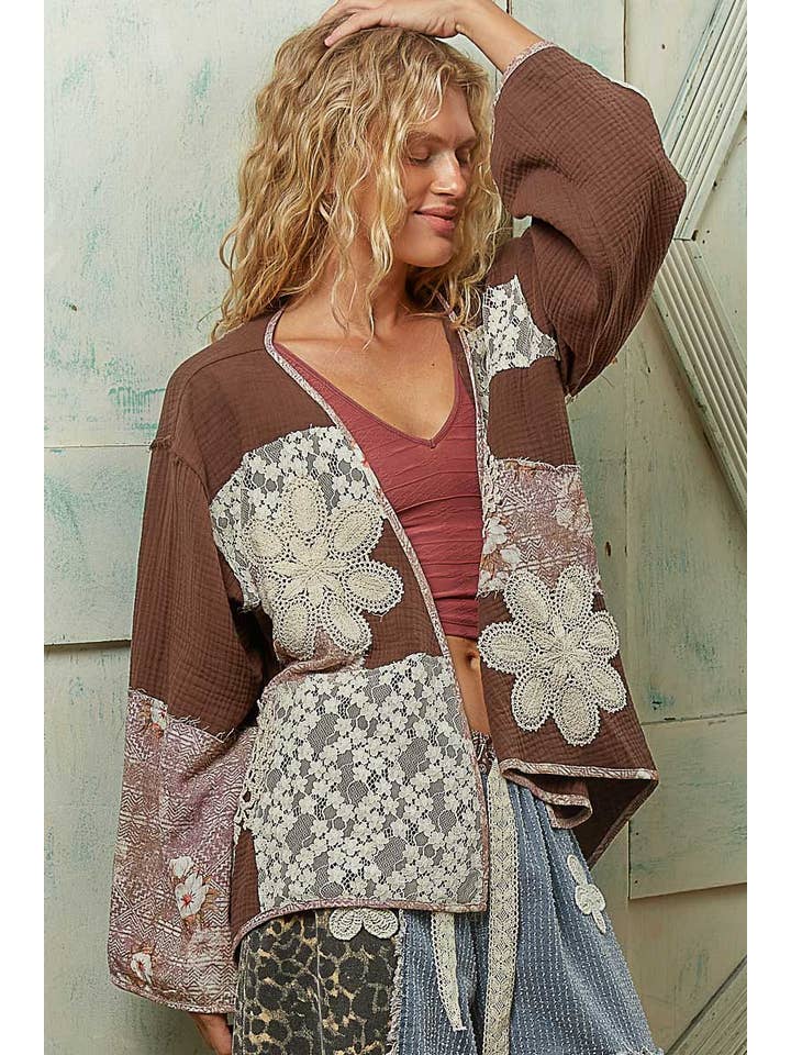 Pol Clothing - Wholesale Cardigan - Women's - Long sleeve double gauze crochet patch cardigan woven top14