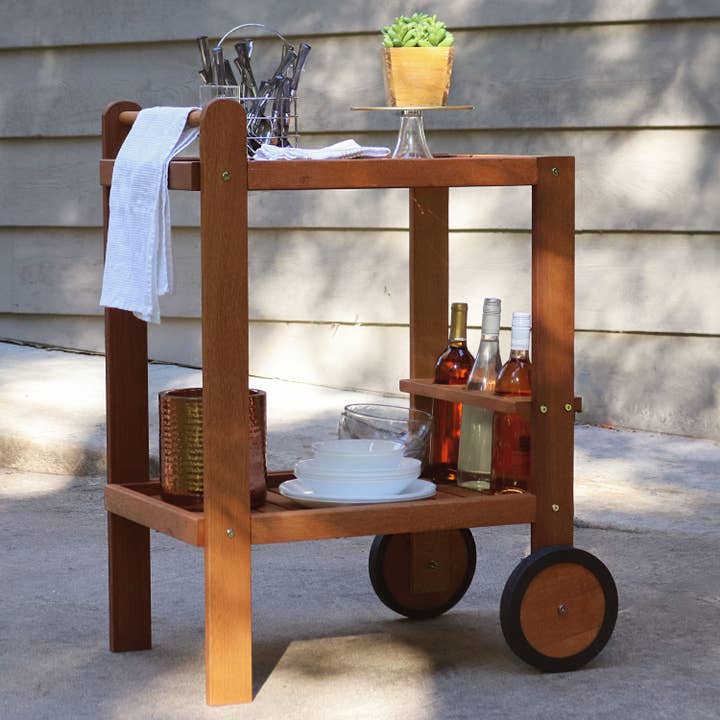 Malaysian Hardwood Outdoor 2-Tier Serving Cart for wholesale by Sunnydaze Decor